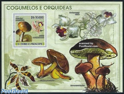Sao Tome/Principe 2008 Mushrooms & Orchids S/s, Mint NH, Nature - Flowers & Plants - Mushrooms - Orchids - Funghi