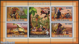 Sao Tome/Principe 2007 Dinosaurs 4v M/s (scouting Logo On Tab), Mint NH, Nature - Sport - Prehistoric Animals - Scouting - Préhistoriques