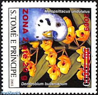 Sao Tome/Principe 2009 Melopsittacus Undulatus, Parakeet, Overprint Zona 2 Red, Mint NH, Nature - Birds - Flowers & Pl.. - Sao Tome Et Principe
