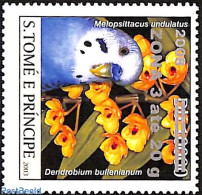 Sao Tome/Principe 2009 Melopsittacus Undulatus, Parakeet, Overprint Zona 3 Silver, Mint NH, Nature - Birds - Flowers &.. - Sao Tome And Principe