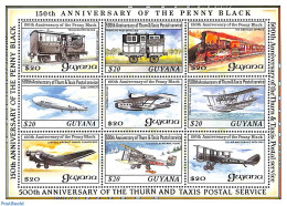 Guyana 1990 Penny Black 150th Anniv. 9v M/s, Mint NH, Transport - Aircraft & Aviation - Railways - Zeppelins - Flugzeuge