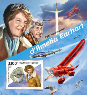 Togo 2022 125th Anniversary Of Amelia Earhart, Mint NH, Transport - Aircraft & Aviation - Airplanes