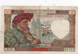 50  Francs   JACQUES  COEUR  - A . 5 - 9 - 1940 . A    -  F . 13 -     82151 - 50 F 1940-1942 ''Jacques Coeur''