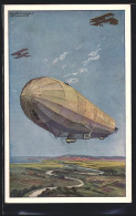 Künstler-AK Hans Rudolf Schulze: Zeppelin Hansa Im Kampf Gegen Feindliche Flugzeuge  - Dirigibili