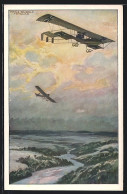 Künstler-AK Hans Rudolf Schulze: Militärdoppeldecker In Der Luft  - 1914-1918: 1ste Wereldoorlog