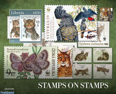 Liberia 2022 Stamps On Stamps, Mint NH, Nature - Birds - Butterflies - Cat Family - Cats - World Wildlife Fund (WWF) -.. - Briefmarken Auf Briefmarken