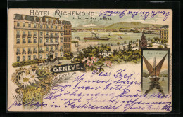 Lithographie Genéve, Hotel Richemond Aus Der Vogelschau, Barque Du Lac  - Autres & Non Classés