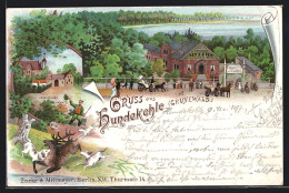 Lithographie Berlin-Grunewald, Gasthaus Hundekehle, Jagdschloss, Jäger  - Jacht