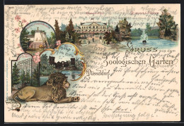 Lithographie Düsseldorf, Zoologischer Garten, Löwe, Vogelhaus, Kamel- Und Elefantenhaus, Restaurant, Ruine  - Other & Unclassified
