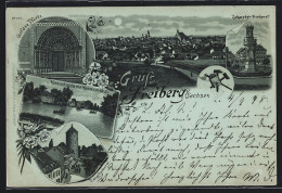 Mondschein-Lithographie Freiberg /Sa., Schweden-Denkmal, Goldne Pforte, Kreuzteich Mit Kreuzmühle, Gesamtansicht  - Freiberg (Sachsen)