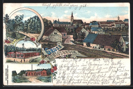 Lithographie Königsbrück, Ortsansicht, Übungsplatz  - Königsbrück