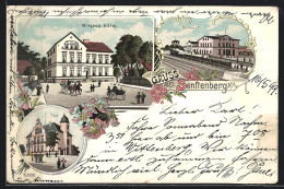 Lithographie Senftenberg /N.-L., Mingaus Hotel, Bahnhof Und Post  - Senftenberg