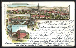 Lithographie Bernstadt /Sachsen, Bahnhof, Eisenbahnbrücke Und Panorama  - Autres & Non Classés