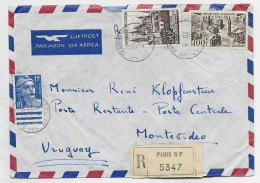 GANDON 15FR +50FR CAEN +PA 100FR LETTRE REC AVION PARIS RP 20.5.1953 POUR URUGUAY TAXE AU DOS ROOSEVELT POSTE RESTANTE - 1945-54 Marianna Di Gandon