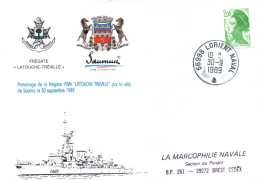 ENVELOPPE AVEC CACHET FREGATE LATOUCHE TREVILLE - PARRAINAGE VILLE DE SAUMUR LE 30/09/89 - LORIENT NAVAL LE 30/09/89 - Naval Post