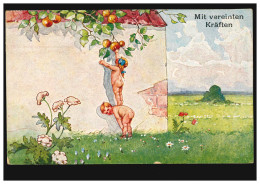 Kinder-AK Mit Vereinten Kräften - Kinder Pflücken Äpfel, HANNOVER 29.1.1919 - Sonstige & Ohne Zuordnung
