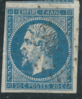 N°14 20c BLEU NAPOLEON T1 / IMPRIME SUR PAPIER CARTONNE / TB MARGES / 1 VOISIN - 1853-1860 Napoléon III