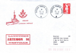 ENVELOPPE AVEC CACHET FREGATE LATOUCHE TREVILLE - MISSION ARTIMON 91 - PARIS NAVAL 15/04/91 - Naval Post