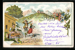 Vorläufer-Lithographie Paar In Tracht Beim Volkstanz, 1895, Gruss Aus Den Bergen  - Baile