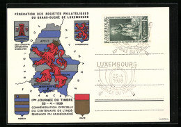 AK Luxembourg, Journéee Du Timbre 1939, Landkarte Und Wappen, Ausstellung  - Briefmarken (Abbildungen)