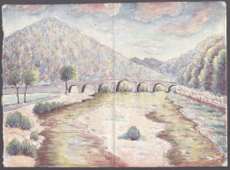 (Flusslandschaft Mit Steinbrücke / River Landscape With Stone Bridge) - Zeichnung Dessin Drawing - Prenten & Gravure