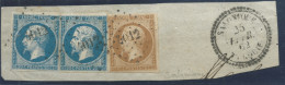 2X N°14 20c BLEU NAPOLEON T2 & N°13 SUR FRAGMENT / PC 4012 IND 16 SALONIQUE TURQUIE / CAD 25 FEV 1862 - 1853-1860 Napoleon III