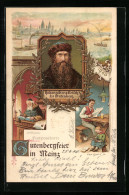 Lithographie Mainz, Johann Gensfleisch Zu Gutenberg, Portrait, Vater Liest Zeitung In Der Küche Um 1900  - Sonstige & Ohne Zuordnung