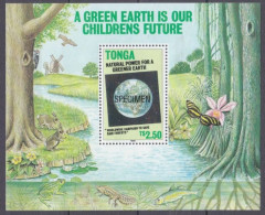 Tonga 1990 Green Earth Specimen S/S - Shows Windmill Orchid Owl Rabbit Butterfly Woodpecker - Tonga (1970-...)