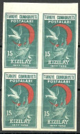 Turkey; 1952 75th Year Of The Turkish Red Crescent Society 15 K. ERROR "Imperf. Block Of 4" - Nuevos