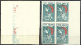 Turkey; 1952 75th Year Of The Turkish Red Crescent Society 15 K. ERROR "Abklatsch & Imperf. Block Of 4" - Unused Stamps