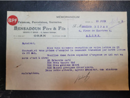 ORAN - BENSADOUN Père & Fils - 12 Boulevard Charlemagne - Faïences,verreries, Porcelaines - 1928 - Oran