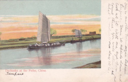 CHINA POSTCARD DSCHUNKS BOATS AT THE PEIHO 1906 GUERNSEY CHANNEL ISLANDS - China