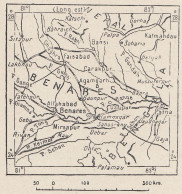 India, Benares, Varanasi, 1907 Carta Geografica Epoca, Vintage Map - Carte Geographique