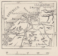 Colombia, Barranquilla E Dintorni, 1907 Carta Geografica Epoca Vintage Map - Carte Geographique