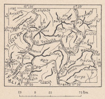 Italia, Corso Dell'Adige, 1907 Carta Geografica Epoca, Vintage Map - Carte Geographique