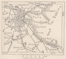 Irlanda, Dublino Con Kingstown, 1907 Carta Geografica Epoca, Vintage Map - Mapas Geográficas