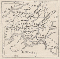 Regno Unito, Carmarthen E Dintorni, 1907 Carta Geografica, Vintage Map - Cartes Géographiques