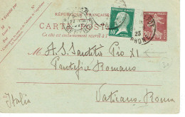 Tarifs Postaux Etranger Du 01-04-1921 (28) Pasteur N° 170 10 C. Sur Entier Semeuse 20 C.  Carte Postale Etranger Vatican - 1922-26 Pasteur