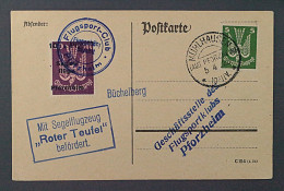 Flugmarke 13 E, Büchelberg 10 Mk. Auf Karte *FLUGZEUG ROTER TEUFEL*, KW 150,- € - Emisiones De Necesidad Zona Británica