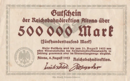 Geldschein Gutschein Der Reichsbahndirektion Altona Hamburg 8 August 1923 500 000 Mark - 500.000 Mark