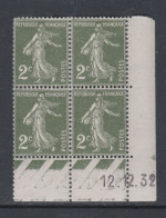 France N° 278 XX Type Semeuse : 2 C. Vert Foncé En Bloc De 4 Coin Daté Du 12 . 12 . 32 ;  Sans Pt Blanc, Ss Charnière,TB - 1930-1939