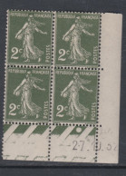 France N° 278 XX Type Semeuse : 2 C. Vert Foncé En Bloc De 4 Coin Daté Du 27 . 10 . 32 ;  1 Pt Blanc, Sans Charnière,TB - 1930-1939