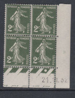 France N° 278 XX Type Semeuse : 2 C. Vert Foncé En Bloc De 4 Coin Daté Du 21 . 11 . 32 ;  1 Pt Blanc, Sans Charnière,TB - 1930-1939