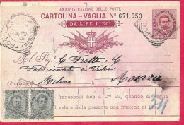 INTERO CARTOLINA-VAGLIA UMBERTO C.15 DA LIRE 10(+45C.X2) (CAT. INT.7Ba) -ANNULLO TONDO RIQUADRATO"PONTREMOLI*21.7.92* - Marcophilia