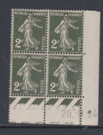 France N° 278 XX Type Semeuse : 2 C. Vert Foncé En Bloc De 4 Coin Daté Du 20 . 11. 34 ;  Ss Pt Blanc, Sans Charnière, TB - 1930-1939