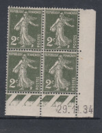 France N° 278 XX Type Semeuse : 2 C. Vert Foncé En Bloc De 4 Coin Daté Du 29 . 11. 34 ;  Ss Pt Blanc, Sans Charnière, TB - 1930-1939