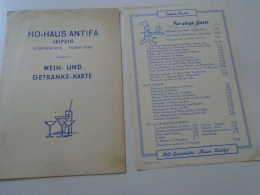 D202243 WEIN Und Getränke-Karte -und Speisenkarte Menu -Tageskarte  HO-Haus ANTIFA   LEIPZIG  -DDR Germany   1954 - Menu