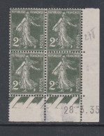 France N° 278 (.)type Semeuse : 2 C. Vert Foncé En Bloc De 4 Coin Daté Du 28 . 3 . 35 ;  Ss Pt Blanc, Neuf Ss Gomme, TB - 1930-1939