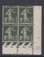 France N° 278 XX Type Semeuse : 2 C. Vert Foncé En Bloc De 4 Coin Daté Du 12 . 4 . 35 ;  Ss Pt Blanc, Sans Charnière, TB - 1930-1939