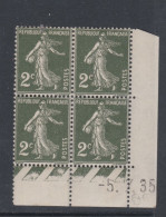 France N° 278 XX Type Semeuse : 2 C. Vert Foncé En Bloc De 4 Coin Daté Du 5 . 7 . 35 ;  Ss Pt Blanc, Sans Charnière, TB - 1930-1939